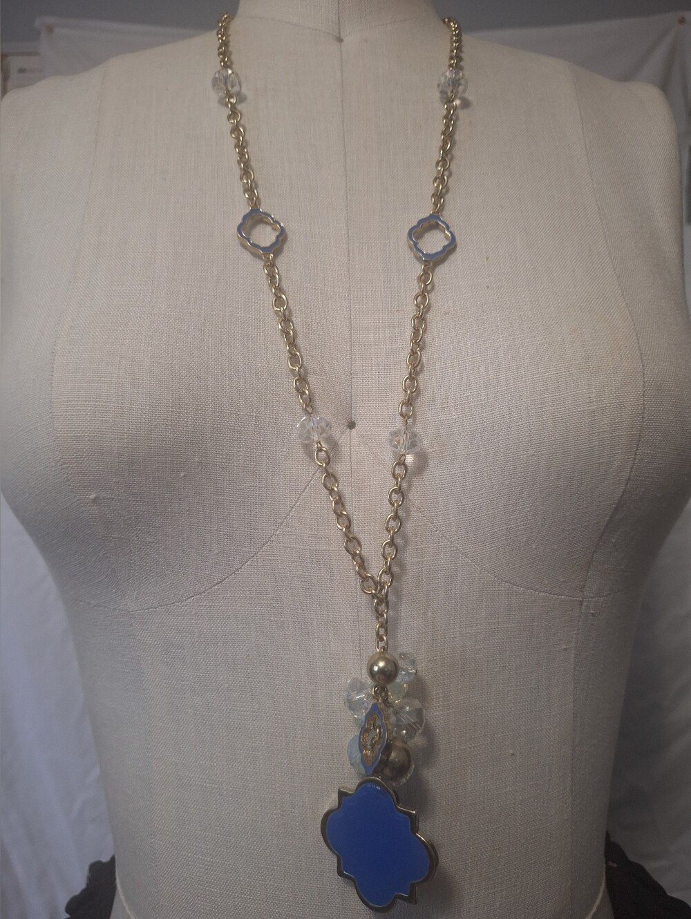 Charming Charlie Long Goldtone Clover Pendant Glass AB Beaded Necklace NWT